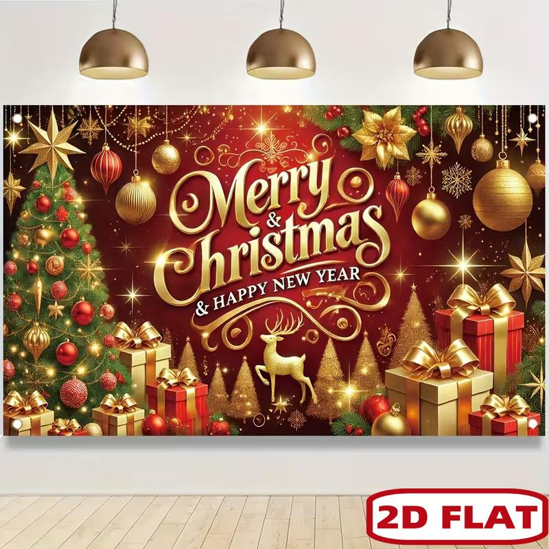 2D Xmas Party Backdrop Red Gold Ornaments Reindeer Photo Booth Background