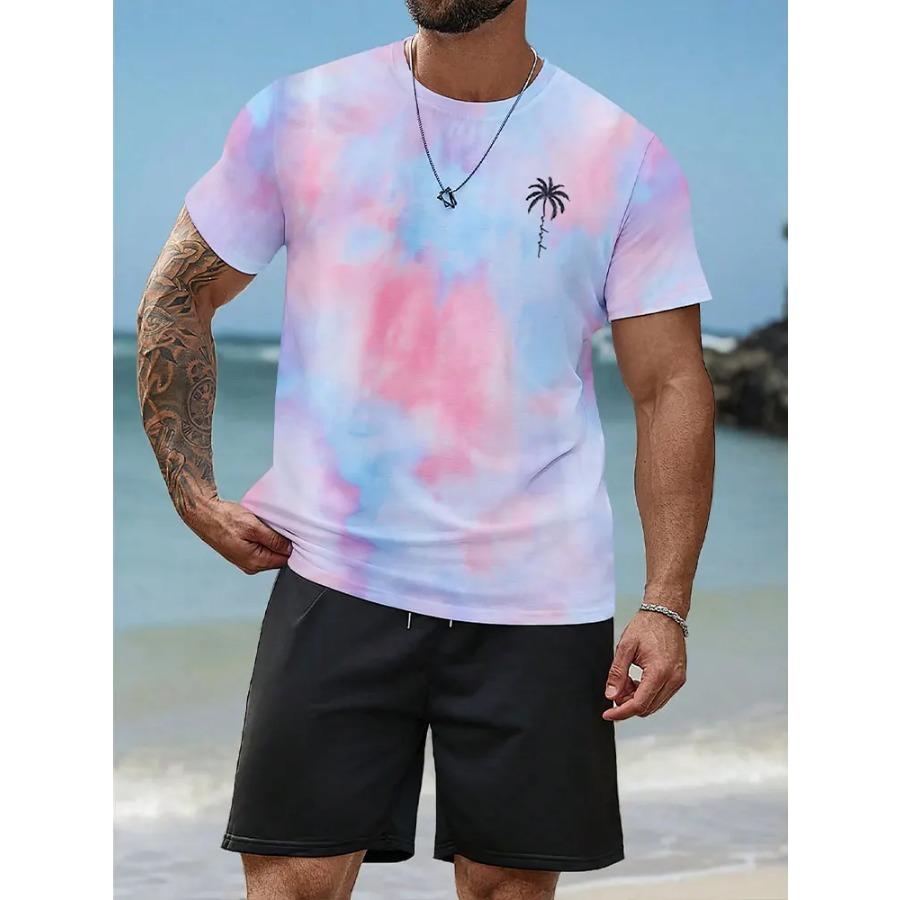 Gradient Print Men's Short Sleeve Shorts Set Hawaiian Men's Fashion Set Summer Men's Casual T-shirt Outdoor Beach Men's Shorts