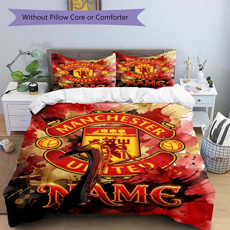 Manchester Football Logo Personalized Name Bedding Set,Breathable Bed Linen for Guest Room Decoration,Perfect Housewarming Gift,All Season Duvet Cover