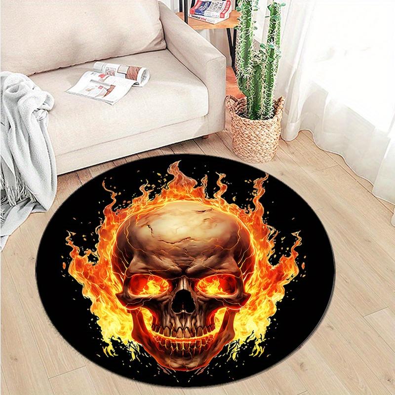 Crystal Velvet Burning Skull Printed Round Area Rug - Non-Slip, 100% Polyester, Bold Flame Design for Bedroom & Living Room Decor, Compact S