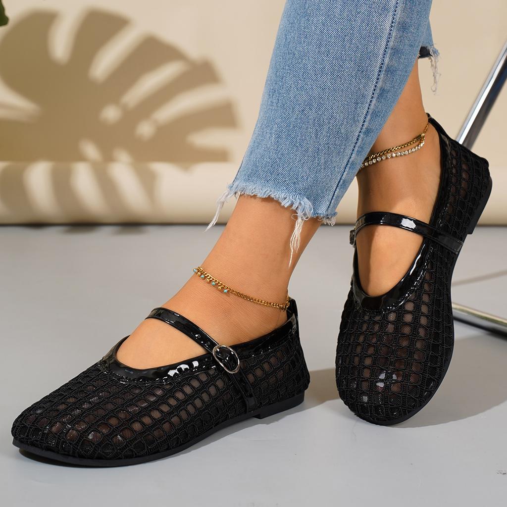 Women Flats Net Flat Fashion Sandals New Summer Round Head Breathable Non-slip Line Button Mary Jane Fishnet Shoes Ladies Shoes