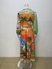 Spring 2026 European & American Women's Fashion: Belted Waist-Cinching Printed Lantern Sleeve Long Dress