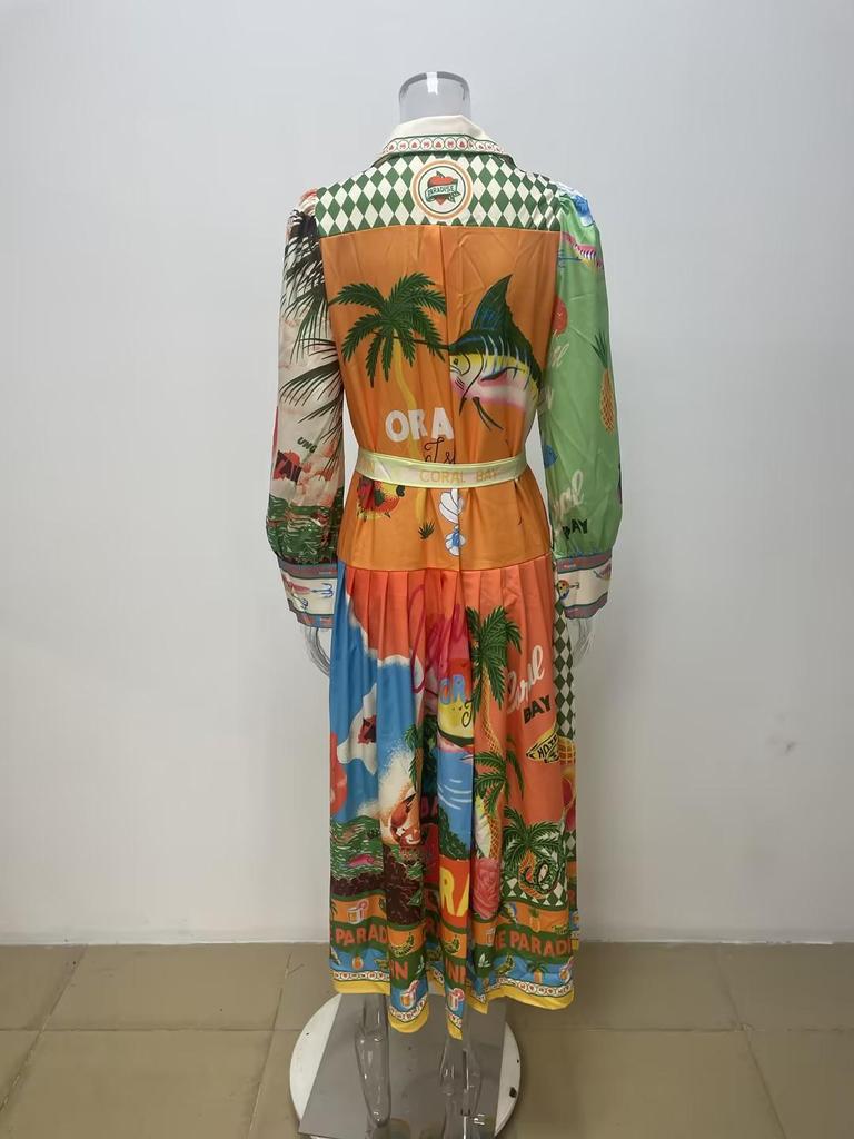 Spring 2026 European & American Women's Fashion: Belted Waist-Cinching Printed Lantern Sleeve Long Dress