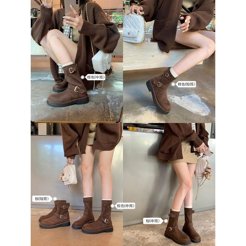 Cowhide version of retro locomotive buckle with round head thick sole heightening medium tube short boots autumn and winter Martin boots women