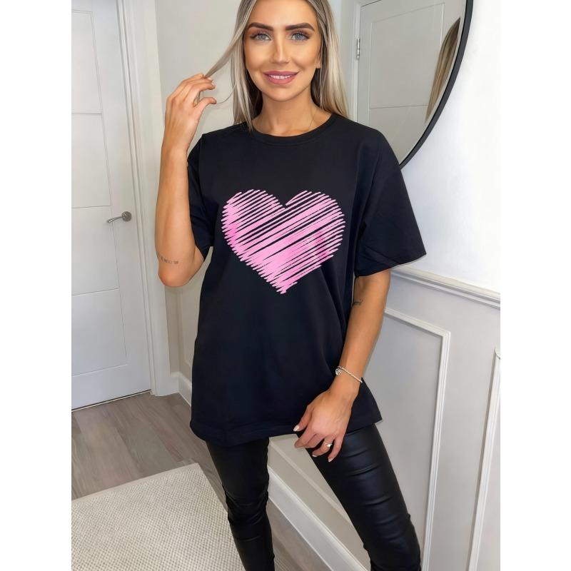Oversized T Shirt Black Pink Heart Print Casual Wear For Women Summer Outfit Street Style Fashion Top