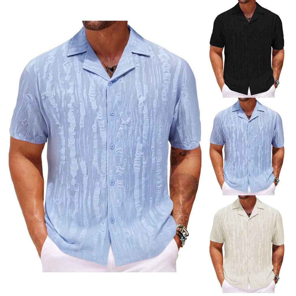 Men's Summer Casual Vacation Solid Color Shirt Loose Short Sleeve Non-iron Cuban Collar Short Sleeve Shirt