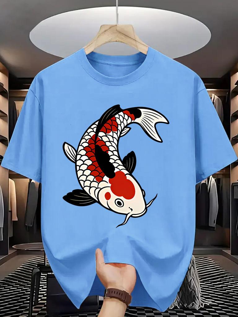 Oriental Style Unisex Short Sleeve Tshirt Colorful Koi Carp Illustration Asian Culture Pattern O Neck Tee Male Casual Fashion Tops