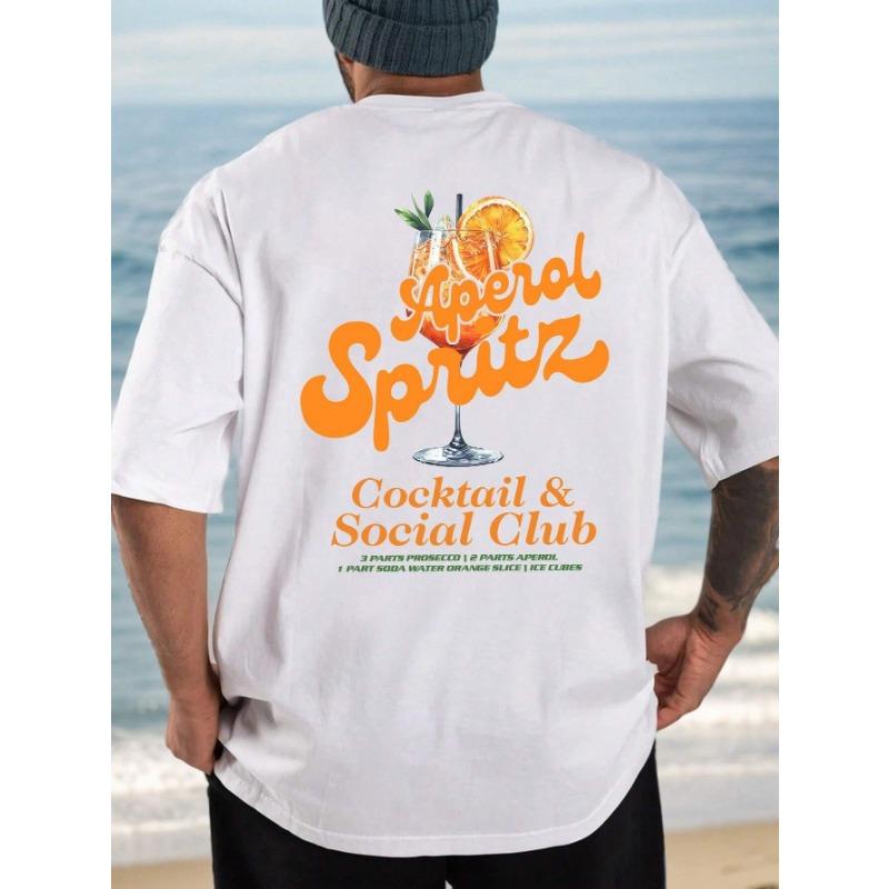 Men's Summer Cocktail Orange Pattern Fun Print Short Sleeve Casual Cotton T-shirt Round Neck New Fashion Loose Size T-shirt