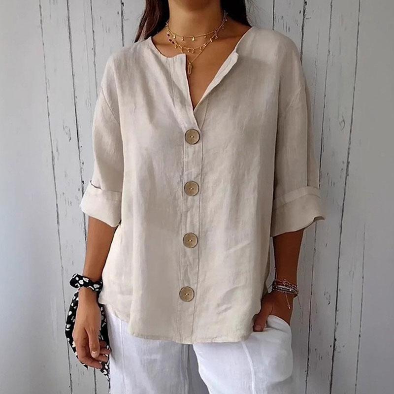 Fashion New Loose Casual Shirt Plus Size Summer and Autumn Women's V-neck Buttons T-shirt Elegant Solid Color Simple Top Woman Basic Sweet Blouse