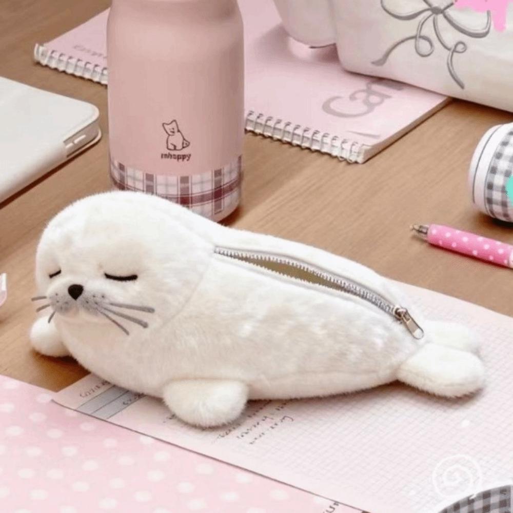 Fish Seal Pencil Case Large Capacity Storage Pouch Funny Plush Pencil Bag  Home