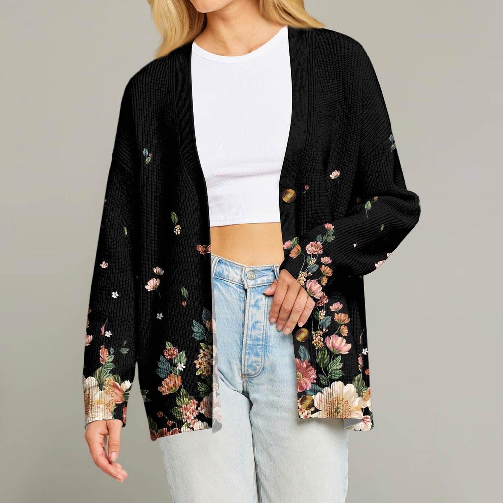 Women's Fashion Long Sleeve Print V-Neck Button Loose Cardigan Top