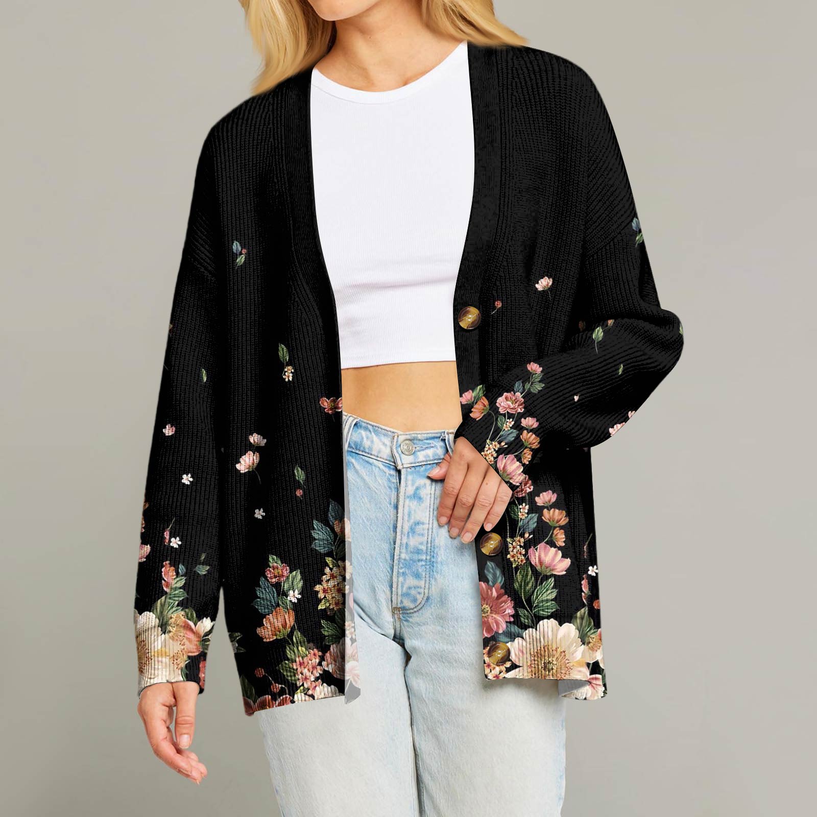 

Женский модный кардиган с длинным рукавом, принтом, V-образным вырезом, на пуговицах, свободного кроя XL чёрный