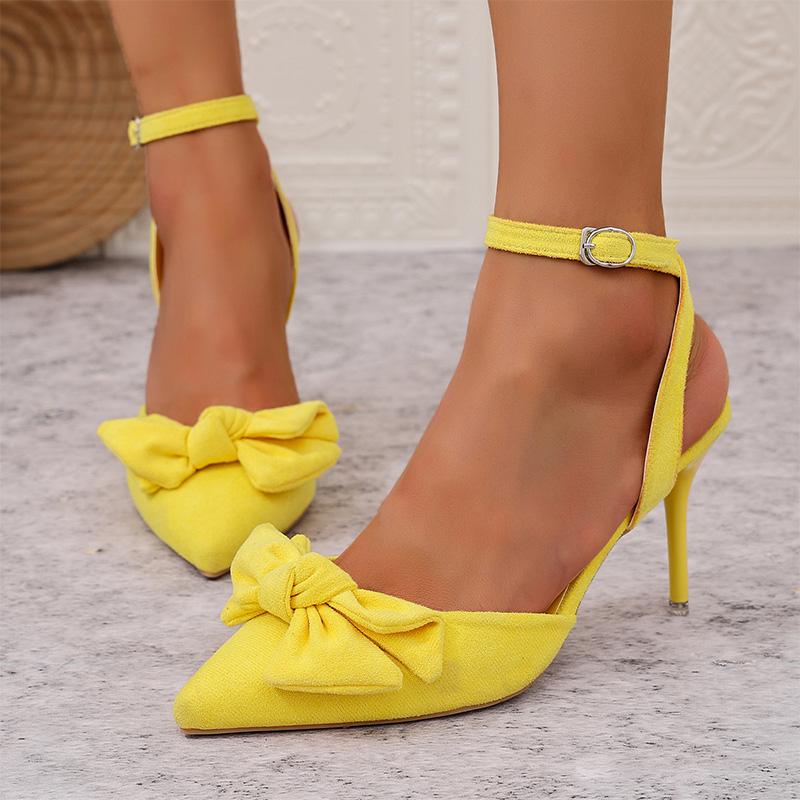 Fashion Bowtie Decor High Heels Sandals for Women Fashion Comfort Yellow Pointed Toe Sandals 2025 Summer Ankle Buckle Thin Heels Shoes