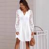 Women V Neck Long Sleeve Lace Panel Mini Dress Casual A Line Shift Dress