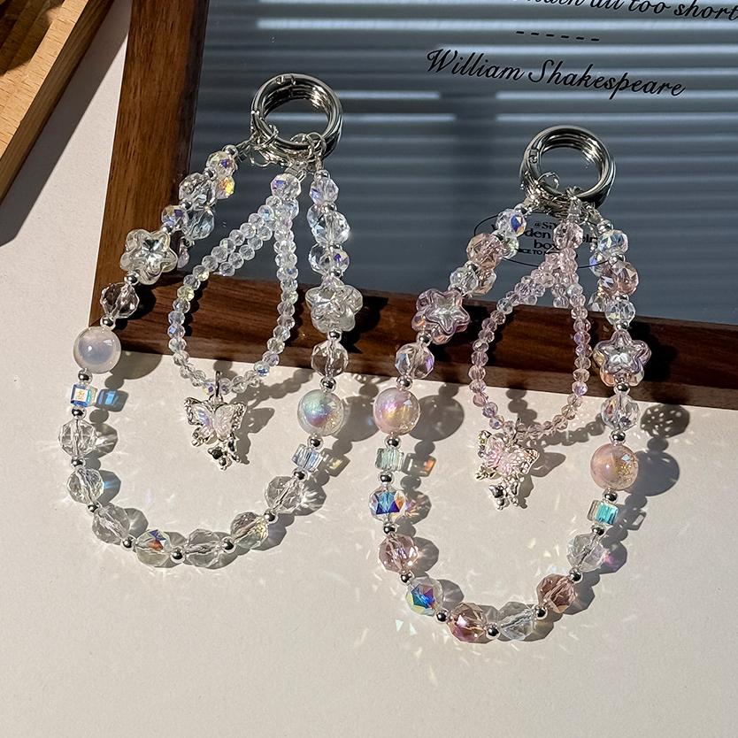 Stylish Bling Crystal Beads Butterfly Phone Strap Charm Keychain Pendant Bracelet Airpods Accessories Women Girl Hanging Cord