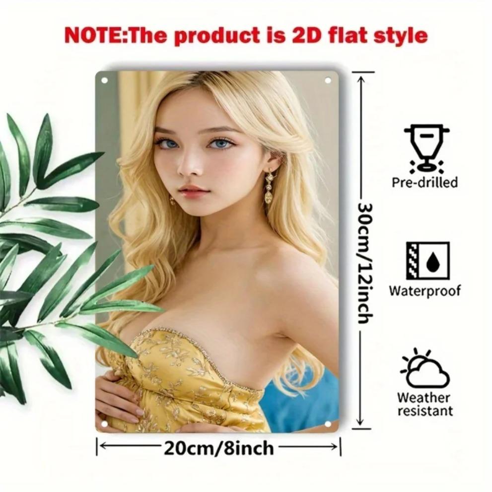 Wall Art Metal Sign: Blonde Woman Portrait In Gold Dress, Framed Home Decor Gift for Bar Cafe