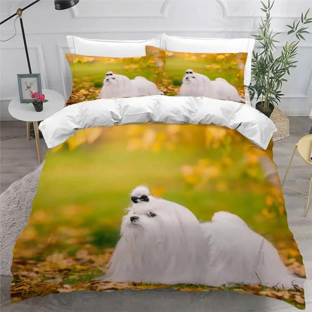 Sött Påslakanset med Maltesisk Hund Husdjur Hundar Tema Sängkläder Mikrofiber Kawaii Djur Täcke Överdrag Twin King För Barn Tonåringar