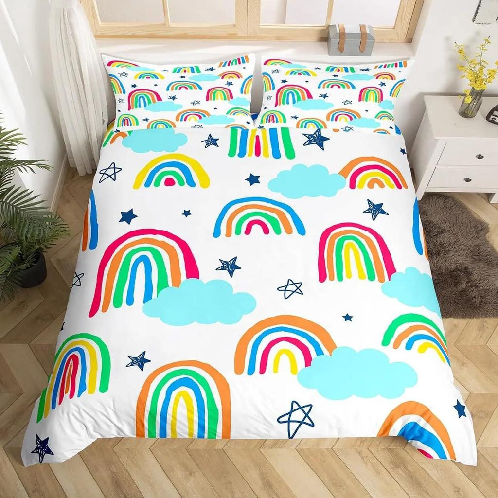 3D Rainbow Cloud Print Duvet Cover Set, Soft Microfiber Cute Cartoon Unicorn Bedding Set With Pillowcases