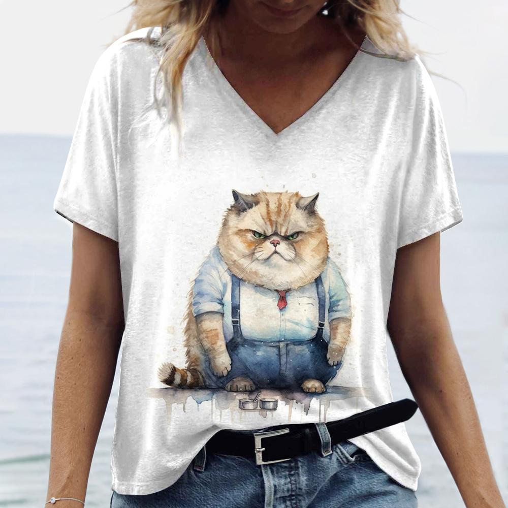 Animacinės katės spaudiniai Moteriški marškinėliai Mielas pilvo katės raštas Laisvalaikio trumpos rankovės Vasaros mados marškinėliai Laisvi moteriški drabužiai Viršus
