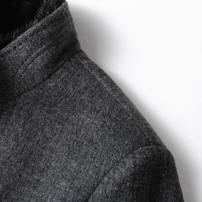 Herren Doppelseitige Wolljacke Abnehmbarer Weißer Entendaunen-Liner Nerz Stehkragen Mittel und Lang Wolle Wolljacke Business