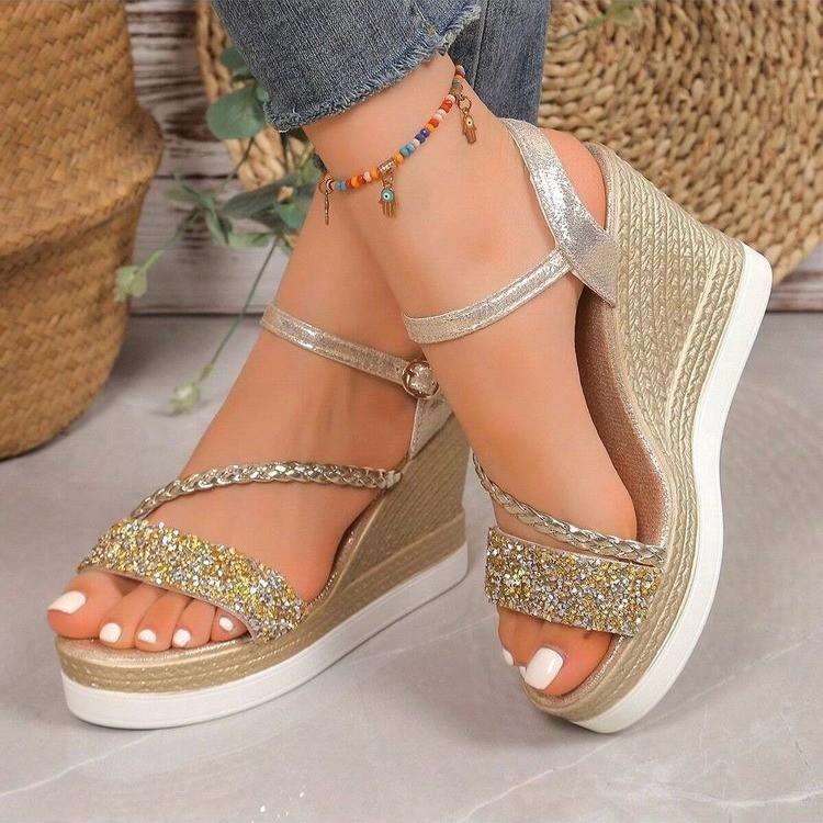 

Summer new fashion fish mouth one-word buckle strap high heel fashion casual large size women s Roman rhinestone sandals gold 42 золотой
