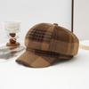Big head circumference octagonal hat women's face small beret autumn and winter plaid newsboy hat brown cap