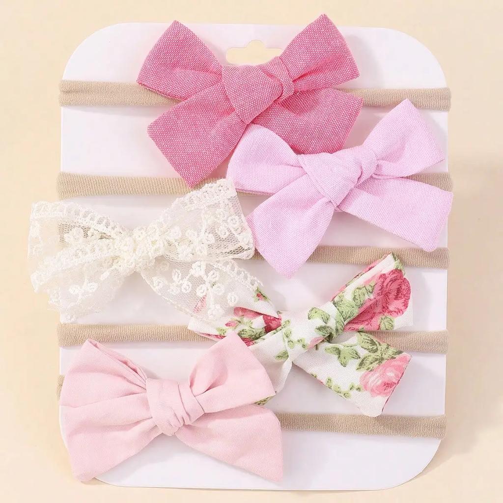 5Pcs/Set Baby Elastic Hairband Newborn Lace Flower Bowknot Nylon Hair Bands for Girls Infant Toddler Soft Hair Accessories Gift