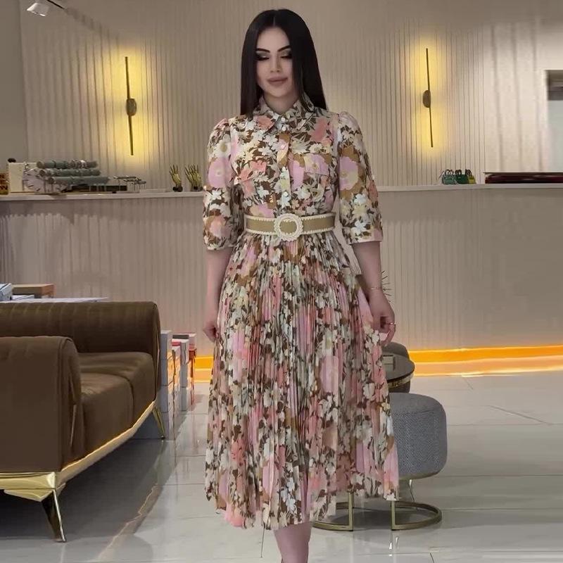 2024 Autumn Bohemian Print Turn-Down Collar Dress