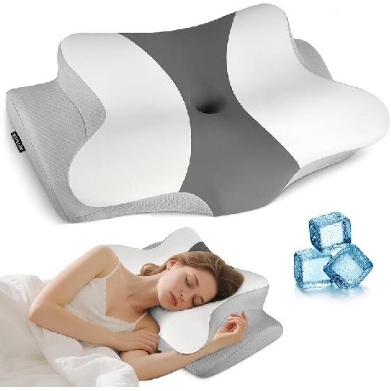 Cervical Neck Pillow for Pain Relief - Ergonomic Side Sleeper Pillow for Neck Support, Cooling Cervical Pillow for Sleeping, Contour Orthopedic Dark Grey & White