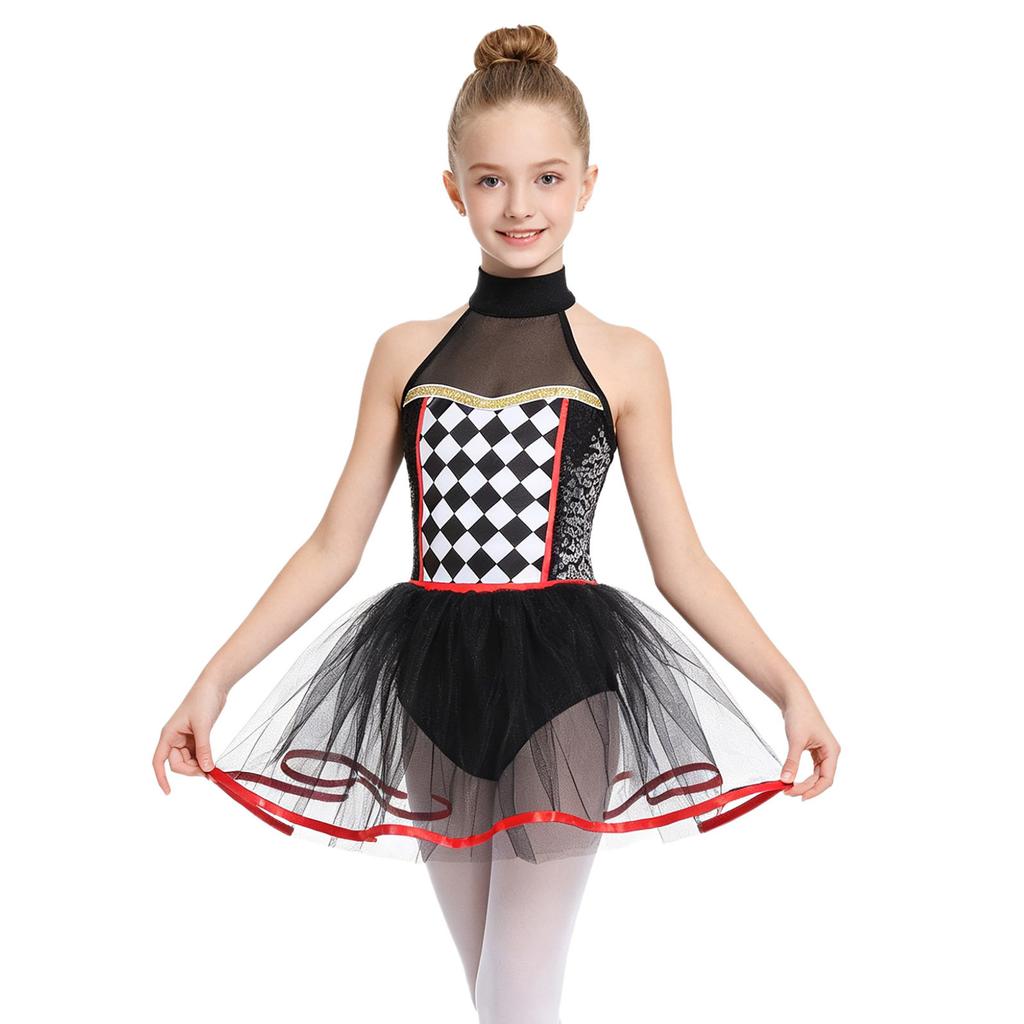 Girls Clown Tutu Dress Halter Neck Sequins Checkerboard Bodysuit Halloween Dancewear Costume