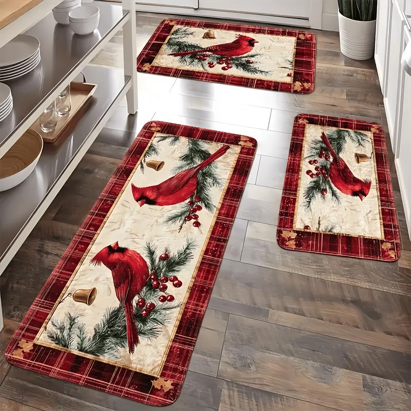 Set Christmas Kitchen Floor Mats Non Slip Washable Cardinal Bird Pine Berry Plaid Border Runner Rug for Family Xmas
