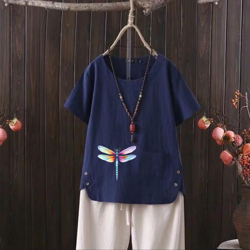 Women's Retro Linen Shirt, Summer Graphic Tee, Artistic Print, S-4XL