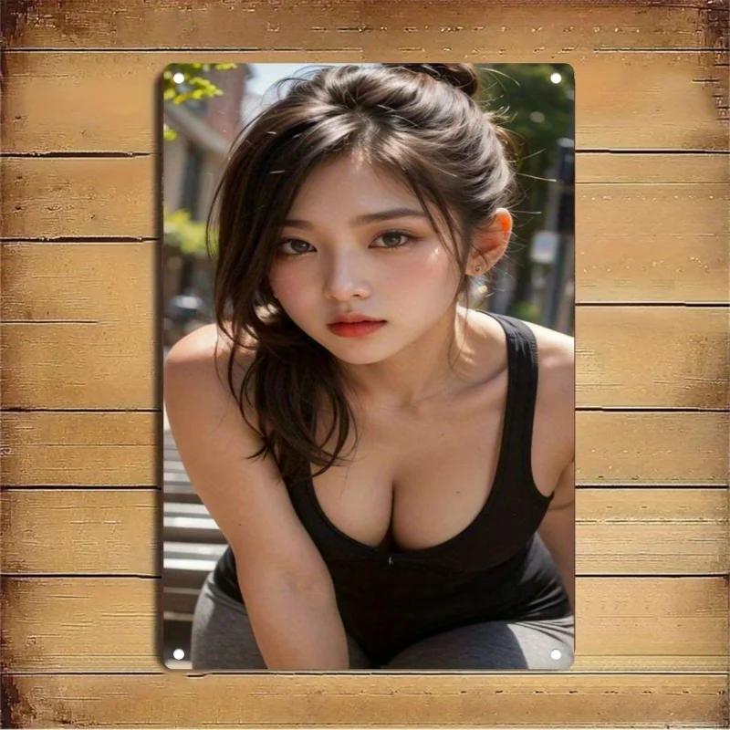 Retro Tin Poster Wall Decor1pc Metal Poster - Korean-Style Female Face & Korean Text Design - Heavy-Duty Iron
