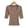 Women's Scoop Neck 3/4 Sleeve Slim Fit T Shirt Solid Color Basic Crop Top Casual Tee