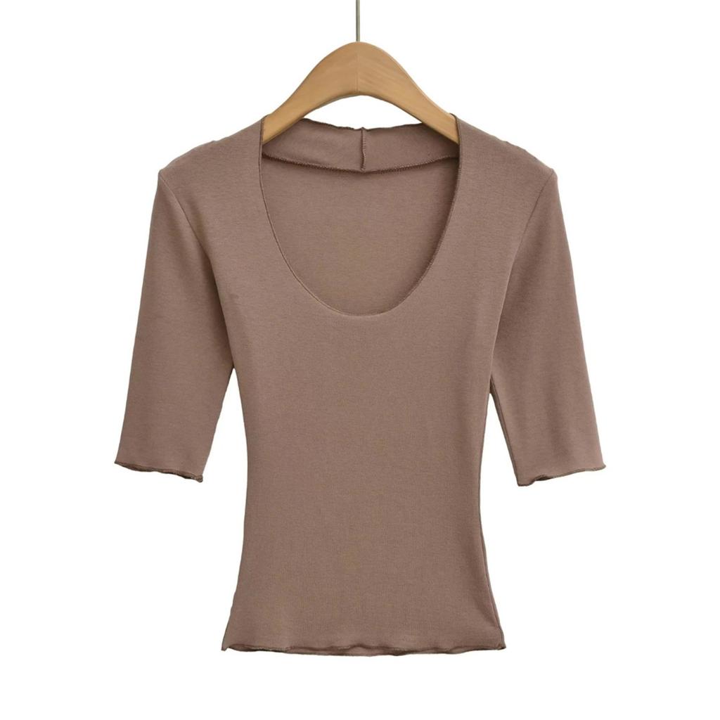 Women's Scoop Neck 3/4 Sleeve Slim Fit T Shirt Solid Color Basic Crop Top Casual Tee