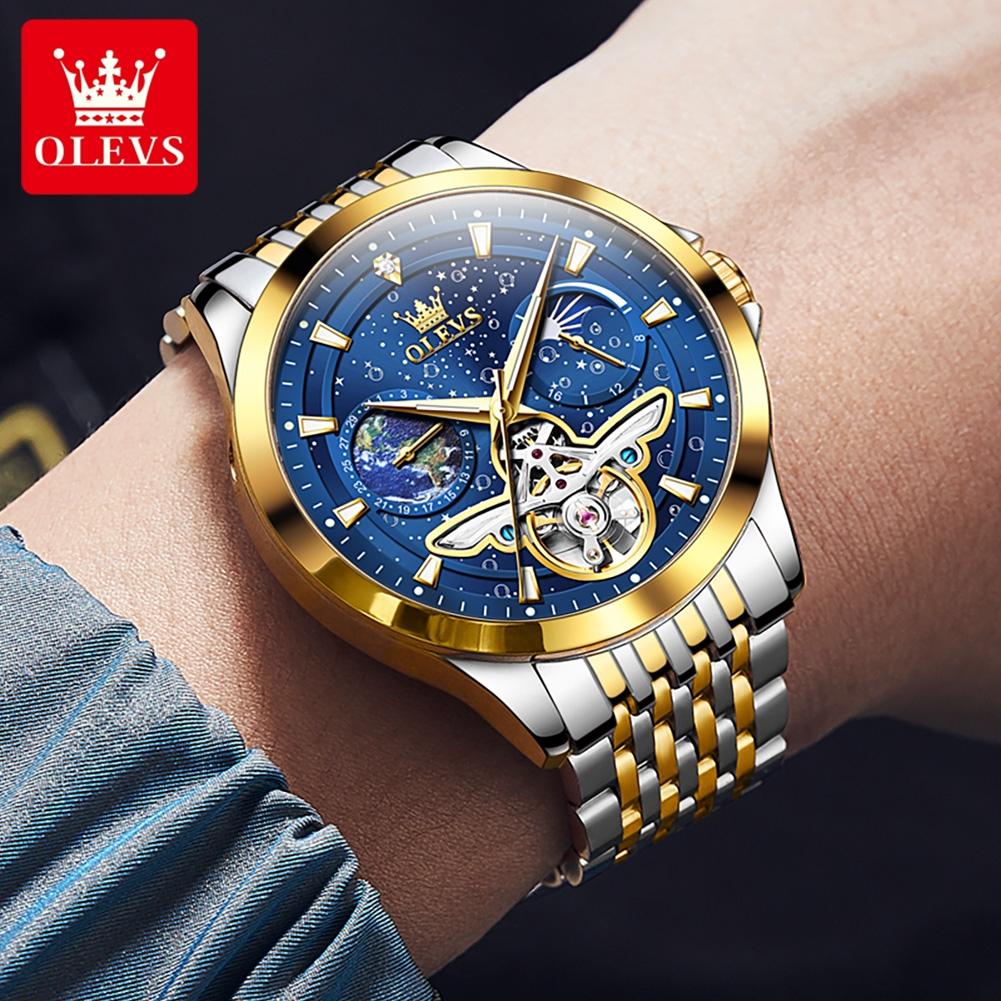 OLEVS 6705 Mens Mechanical Watch Luxury Original Flywheel Automatic Watch Waterproof Moon Phase Luminous Sports Watches