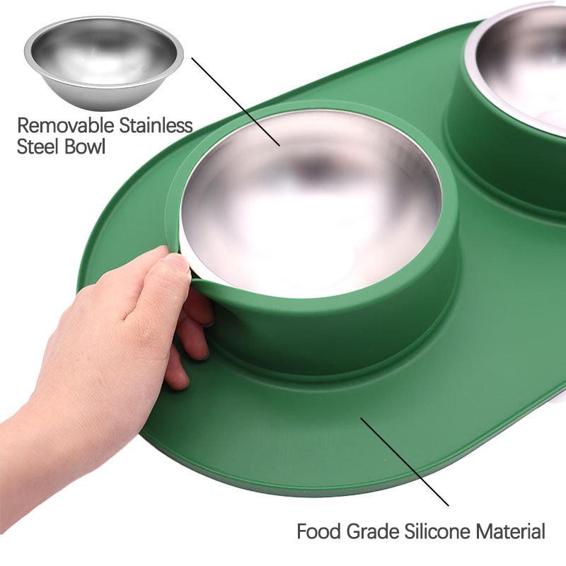 Large Capacity Stainless Steel Double Dog Bowl Removable Drinking Feeding Cat Bowl with Non-slip Mat Pet Food Storage Container