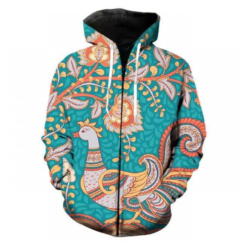3D Digital Print Hooded Zip-Up Oversized Casual Sweatshirt Men Loose Fit Streetwear