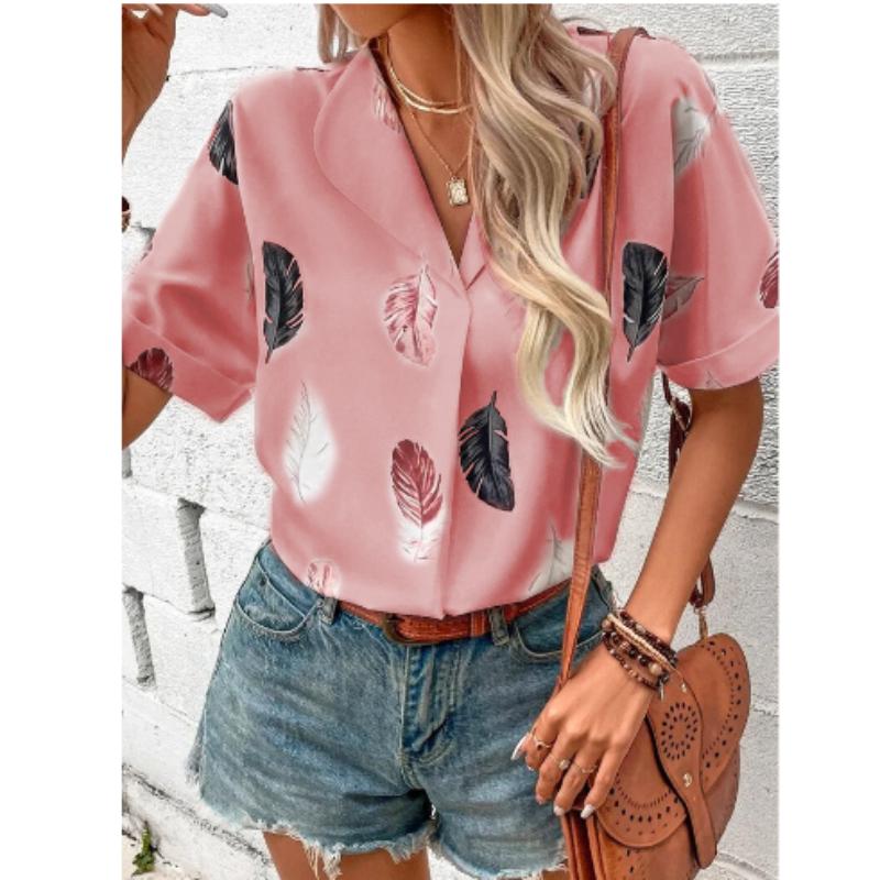 Women Casual Notched  Lapel Feather Print Short-sleeved Blouse Top