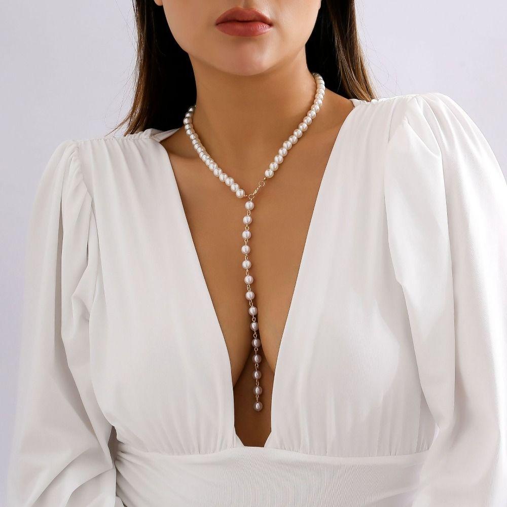 Bohemian Pearl Necklace Goth Y-Shaped Necklace Elegant Retro Clavicle Chain  Gift Idea