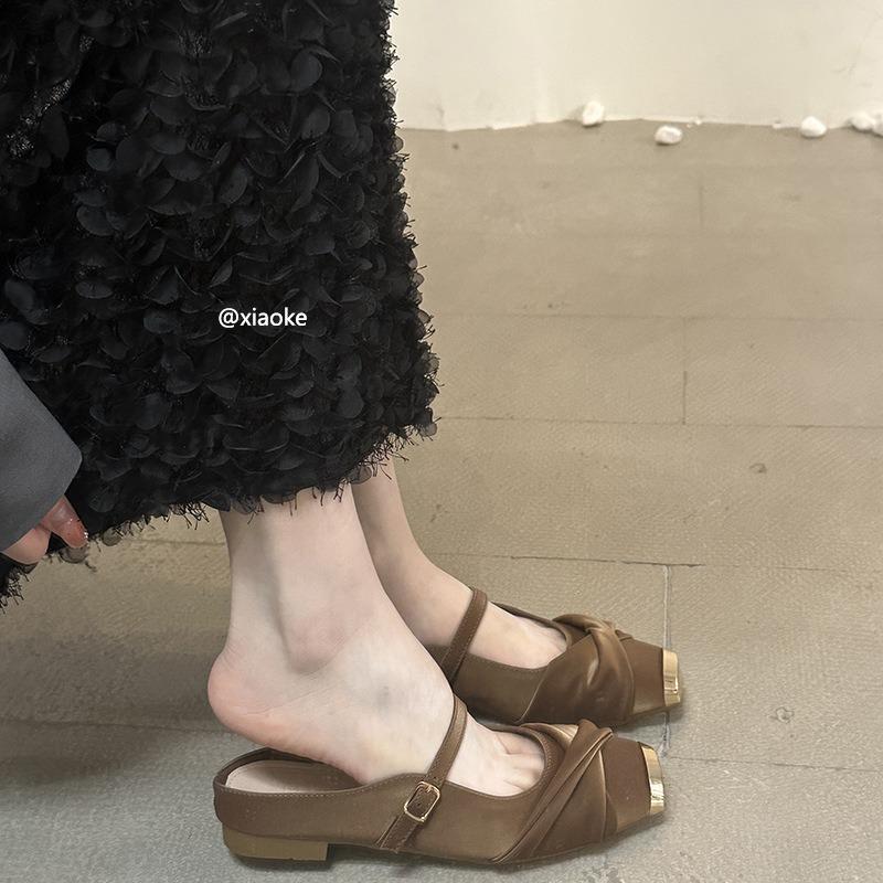 Metal Square Toe Flat Heel Half-slippers Spring and Summer Soft-soled Slippers Mary Jane Shoes Single Shoes
