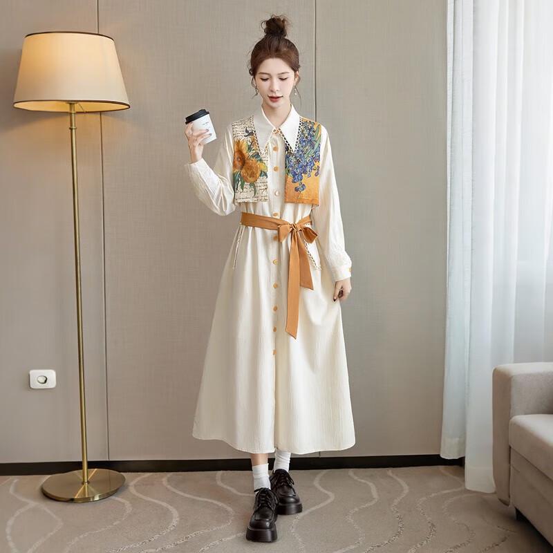 

Women s Fashion Fake Two-Piece Lapel Long-Sleeve Shirt Dress M