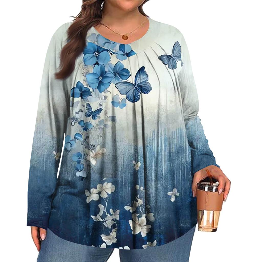 Dámská móda plus size Tištěný ležérní plisovaný top s kulatým výstřihem a dlouhým rukávem