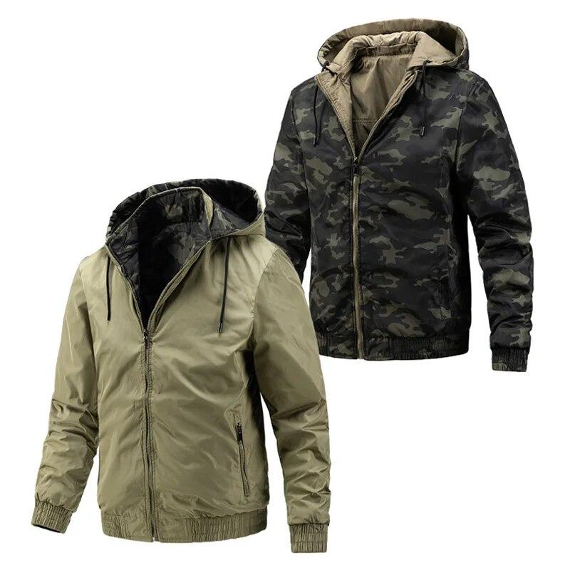 Men's Spring and Autumn Solid Color Camouflage Reversible Men's Jacket Sports Casual Windproof Riding Hooded Jacket