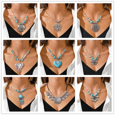 Aihua Bohemia Tyrkysový kamenný náhrdelník pro ženy Chokery Collier Femme Ručně vyráběné Etnické přívěsky Náhrdelníky Statement Šperky