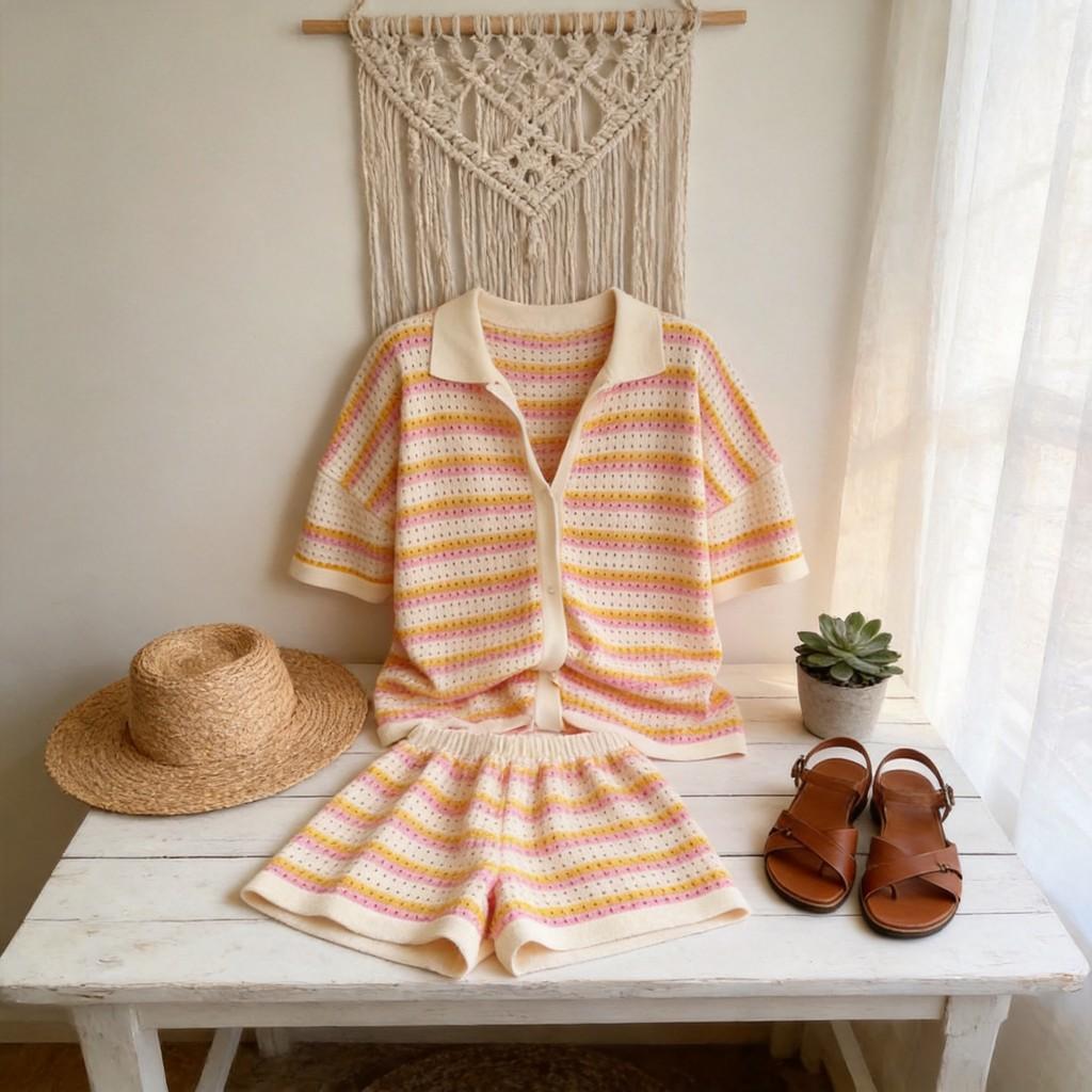 Completo in Maglia a Righe da Donna Streetwear con Motivo a Intreccio per Uso Casual Estivo