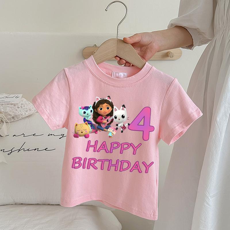 Gabby Dollhouse T-shirts for Children Anime Cartoon Number Printing Top Summer Short Sleeved Clothing Girls Fashion Pink Clothes