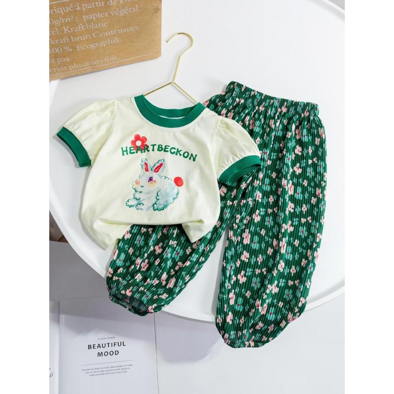 

Детский комплект из хлопка для девочек, футболка с рисунком из мультфильма, повседневный комплект с цветочным принтом для малышей 100 зелёный