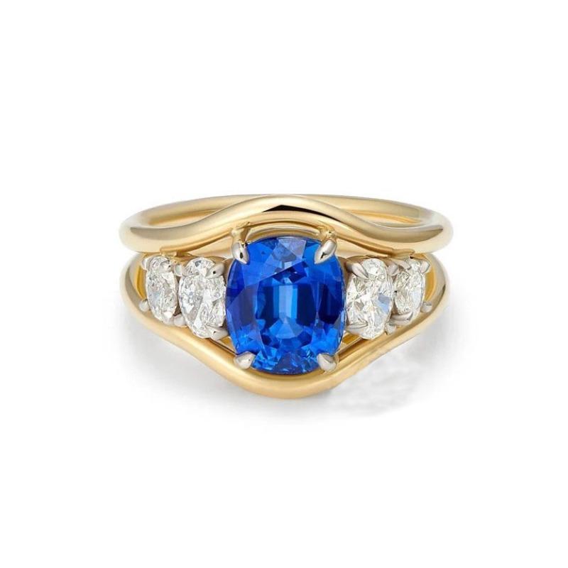 Gorgeous Gold Color Inlaid with Blue Stone Rings Attractive Party Engagement Wedding Rings for Women Jewelry