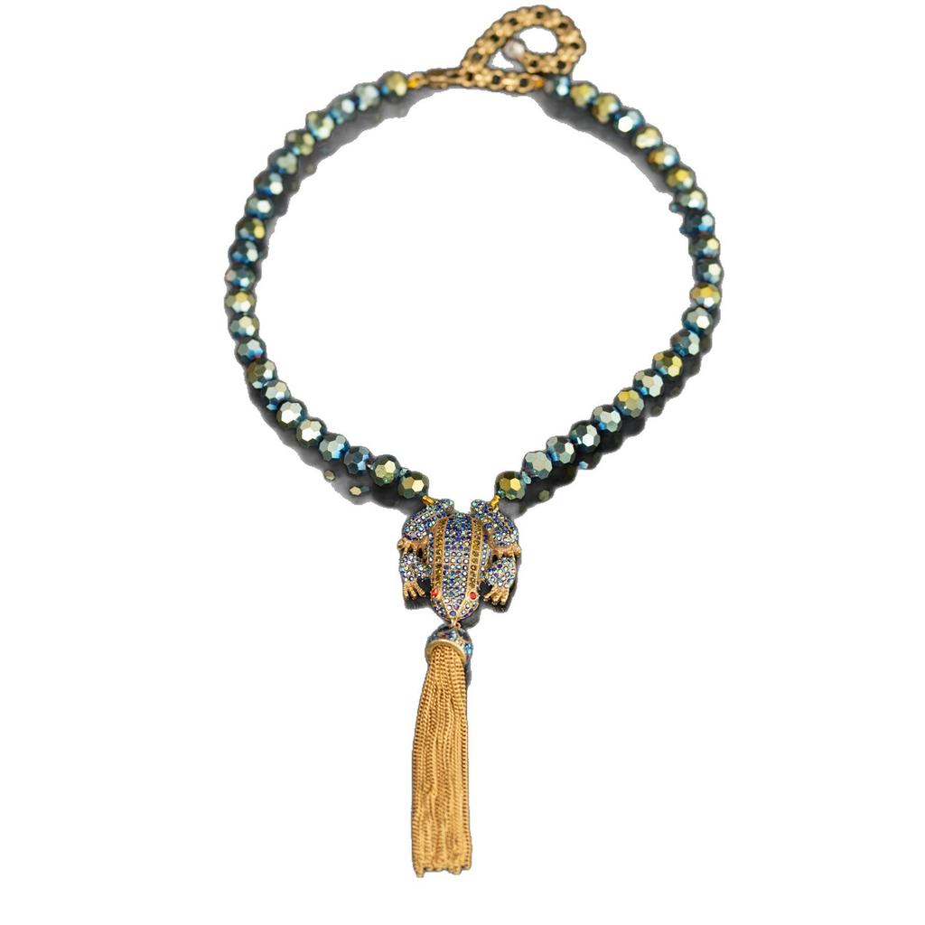 Mittelalterlich Vintage Kupferlegierung Hohes Gefühl Designer Blau Kleines Tier Frosch Voll Diamant Quaste Halskette Weiblich